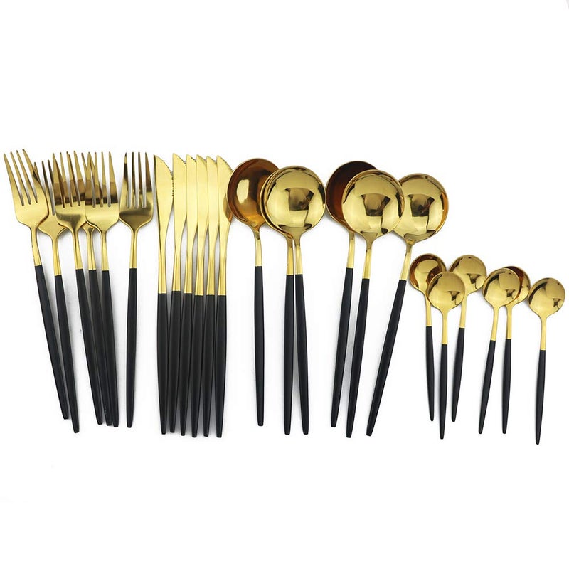 JANKNG 24-Piece Flatware Set, 18/0 Stainless Steel Knife Fork Spoon Teaspoon Silverware Set, Service for 6, Black Handle Gold - Image 3